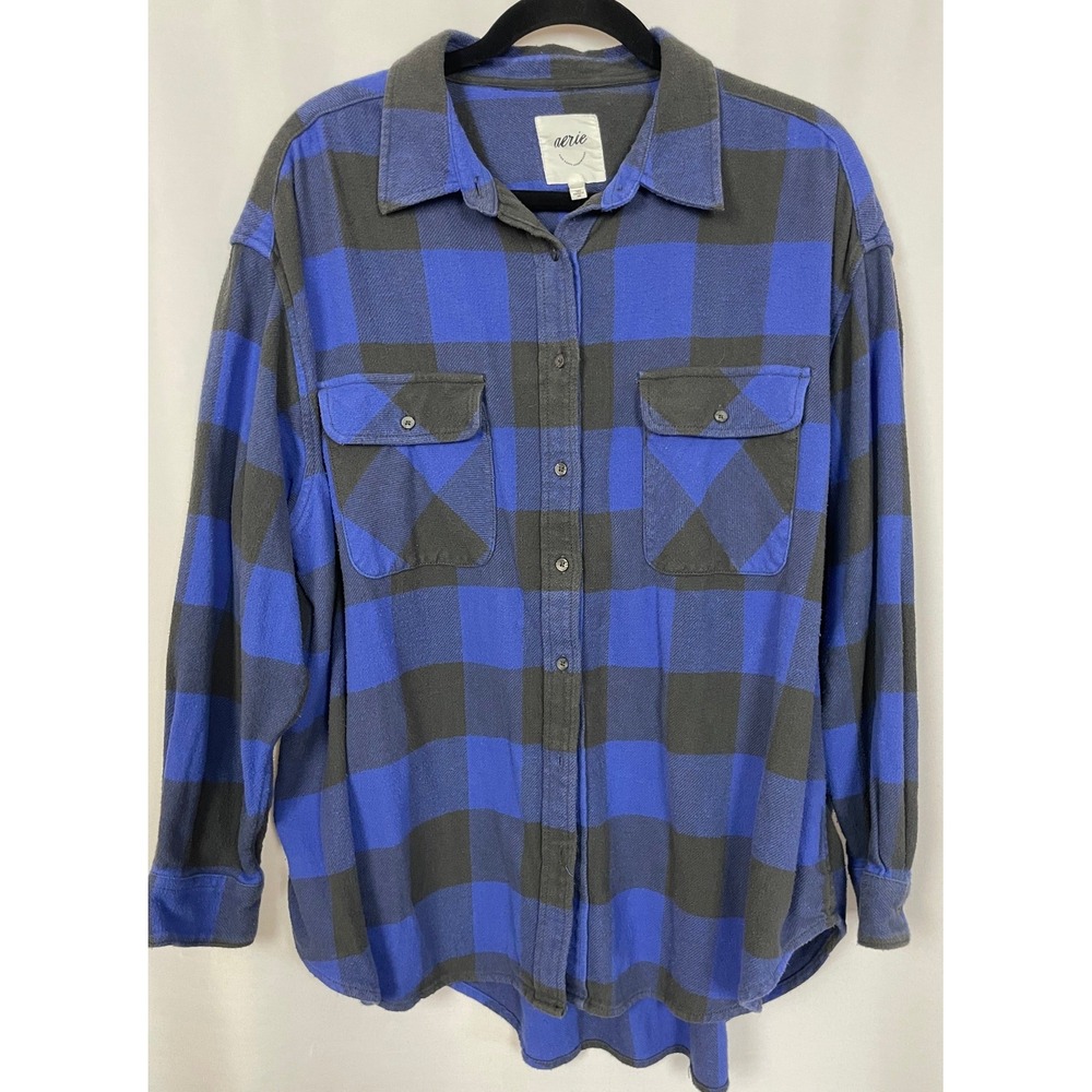Aerie Blue Charcoal Buffalo Plaid Flannel Shirt Oversized Cotton M